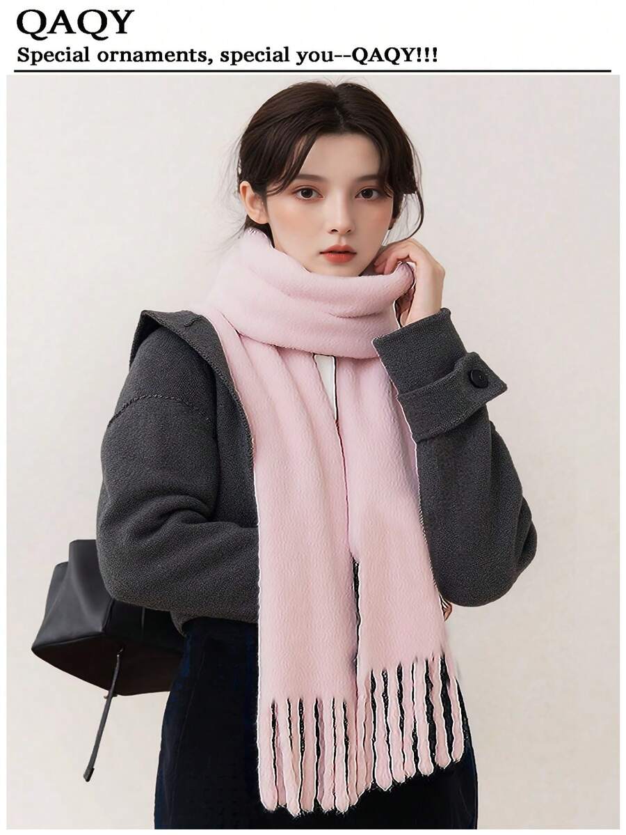 1 Piece Women Solid Color Women Scarf, Mohair Tassel Scarf, Winter Collegiate Style Warm Neck Scarf, Thick Knitted Tassel Shawl, Women Scarf In A Simple Style, Suitable For Outdoor Activities And Commuting. For Dress - Baby Pink - View 1