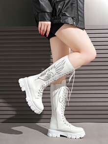 Botas bordadas para mujer 2025, botas de montar de suela gruesa y caña alta, botas altas con cordones hasta la rodilla, otoño/invierno