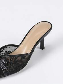 Women's Fashion European And American British Style Sexy Round Toe Bowknot Comfortable Simple Color Matching High Gloss Baked Lacquer Thin Square Heel Mid-Heel Slip-On Mules Slouchy Slip-On Lightweight Black Lace Material Casual Shoes Versatile Commuting Elegant Sandals Slippers Charming Fabric Breathable Summer Autumn - Black - View 8
