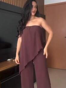 Long Asymmetrical Strapless Pantaloon Jumpsuit Spring Summer - Rust Brown - View 2