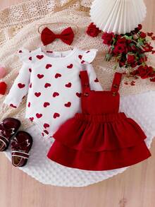Baby Girl 3pcs/Set Princess Heart Print Ruffled Sleeve Bodysuits, 2-Layer Ruffle Skirt & Headband Set