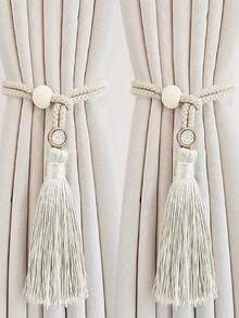 1 cái/2 cái Dây buộc rèm cửa sổ phong cách Bohemian có hạt gỗ và tua rua, trang trí nhà cửa cho phòng khách, phòng ngủ, nhà bếp - Màu be - Xem 14
