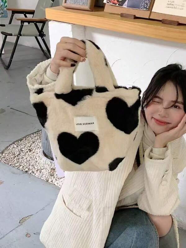 حقيبة تسوق مبطنة على الطراز الياباني، حقيبة غداء بشكل قلب، حقيبة يد كبيرة السعة للطلاب