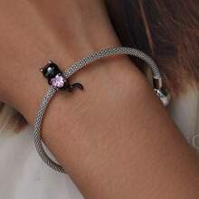 WOSTU WOSTU 1 buc 925 Sterling Silver Cat Beads Cat Black Cat Drăguț Kitty Animals Pendant Pink Heart Shape CZ Charms Pentru Brățară DIY Colier Fine Jewelry Accessories