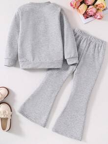Tween Girls' Heart Print Crew Neck Casual Sweatshirt And Flare Pants Set - 灰色 - 查看 2