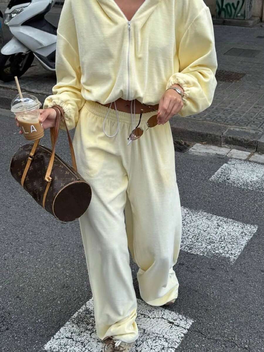 2 Stücke/Set Damen einfarbige Kapuzen-Sweatjacke und Jogginghose mit elastischem Bund, Regular Fit für Herbst und Winter