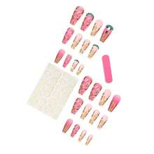 Long Press On Nails Coffin Fake Nails Pink False Nails With Gold Leaf Designs Long Nail Press Ons Glitter Glue On Nails Glossy Artificial Nails Fall Cute Stick On Nails For Women 24Pcs - 長款-C5C23 - 查看 3