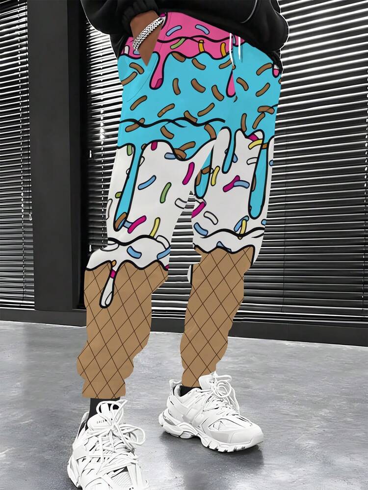 男士时尚 3D 印花休闲裤，带松紧抽绳和口袋，新颖时尚，秋季 - 彩色 - 查看 2