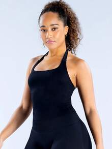 Impact Halter Top Women Impact Longline Halter Tops Workout Longline Tank Top Compression Gym Fitness - Black - View 4