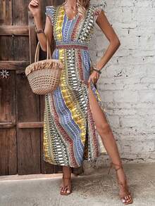 Women Summer Side Split Dress Flying Sleeve V Neck Pattern Print Dress For Party Club - 黃色 - 查看 2