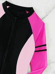 Swimming Color Block Front Zip One Piece Swimsuit, Surfwear - Hồng - Xem 6