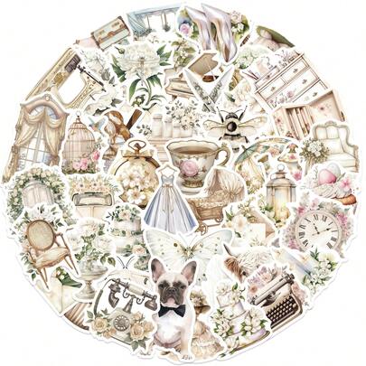 50 件白色艺术复古贴纸美观乙烯基贴纸高品质贴纸贴花剪贴簿、日记本、笔记本电脑、保险杠、滑板、水瓶、电脑、手机贴纸可以为您的生活带来很多乐趣，是送给成人的完美礼物