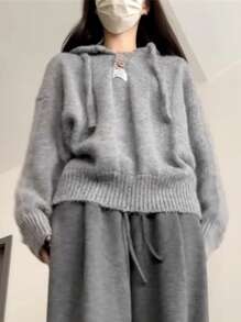 Womens Hooded Sweater Autumn Winter 2025 New Comfortable Loose Fit Lazy Style Soft Knit Pullover Ribbed Top Beige And Grey Casual Knitted Shirt Fashion Sweater Outwear For Women, Long Sleeve Tops