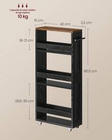 VASAGLE Carrello Stretto a 4 Ripiani, Carrellino da Cucina con Rotelle Maniglia, per Spazio Ridotto, 15 x 43,2 x 86,5 cm, Bagno, Lavanderia, Nero Ebano e Marrone Vintage - nero - Visualizzare 5