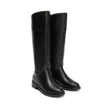 Women's Flat Round Toe Knee High Boots Low Block Heel Side Zipper Boots Fashionable Comfortable Chain Decorated Boots For Fall And Winter - 黑色 - 查看 2