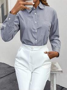 NAVY BLUE STRIPED WOMEN'S COMFORTABLE TOP SHIRT - Navy Blue - View 2