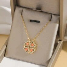 1pc Premium Stainless Steel Necklace, Four Leaf Clover & Heart Locket Design, Versatile Wear, Unique & , Suitable As Gift For Friends - Silver - View 13