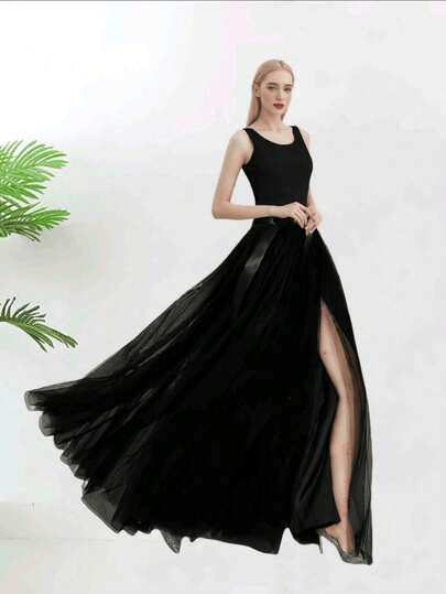 1pc Trumpet Shape Tulle Skirt, New European & American Style, Tie-Up Long Train Skirt, Black/White/Ivory Polyester Casual