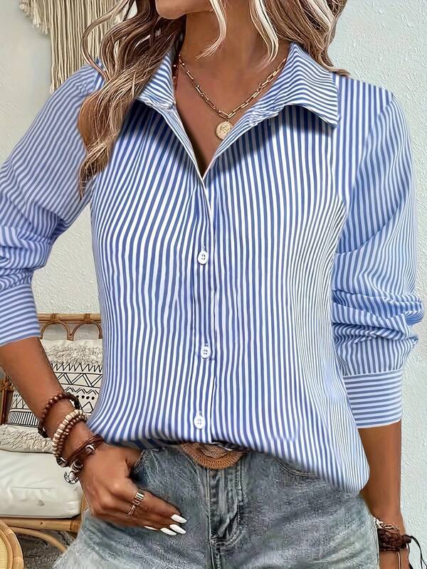 Women's Striped Print Long Sleeve Blouse, Elegant Top For Autumn/Winter