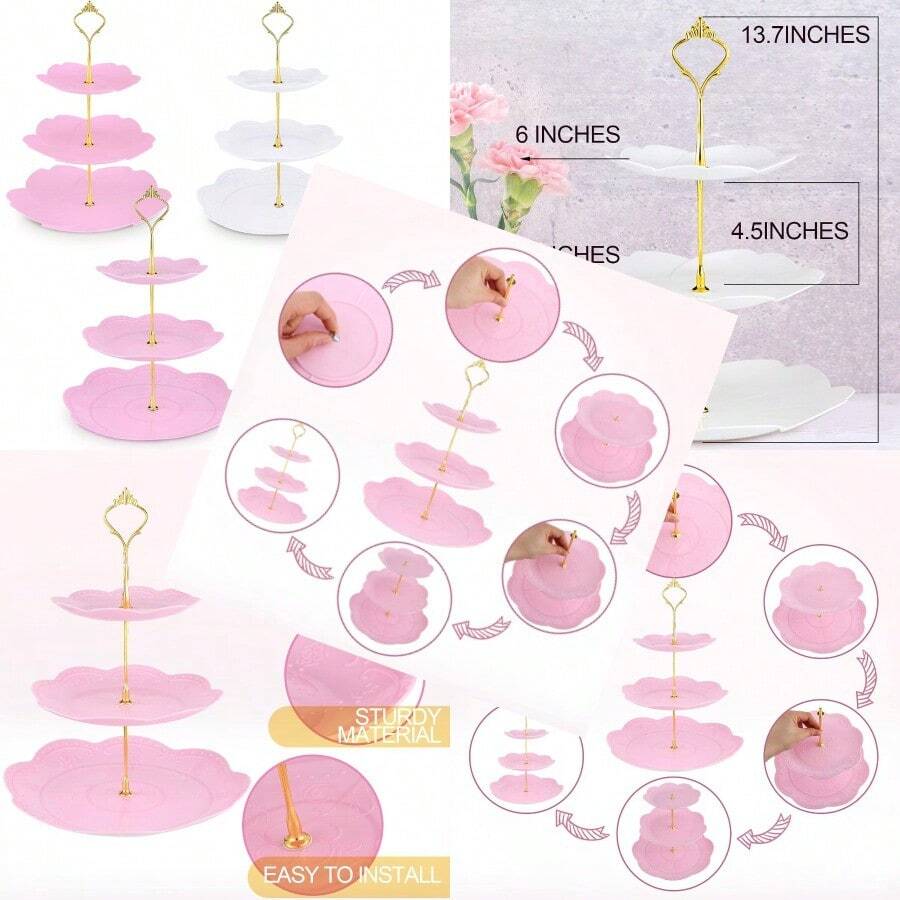 4 Packs 3 Tier Cupcake Stand Plastic Macaroon Stand Round Plastic Dessert Display Serving Tray Reusable Tea Party Stand For Wedding Birthday Tea Party White Pink