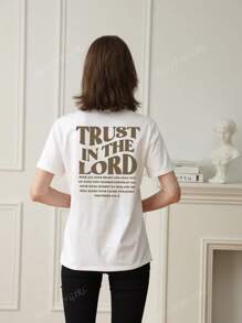 Women Fashion Casual True In The Lord Letter Print Round Neck Short Sleeve T-Shirt, Stylish Minimalist For Spring & Summer