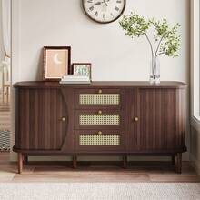 Sideboard, Rattan Chest Of Drawers, Chest Of Drawers With Sliding Doors, Adjustable Shelves And Rounded Top. - Natural + Particle Board - View 7