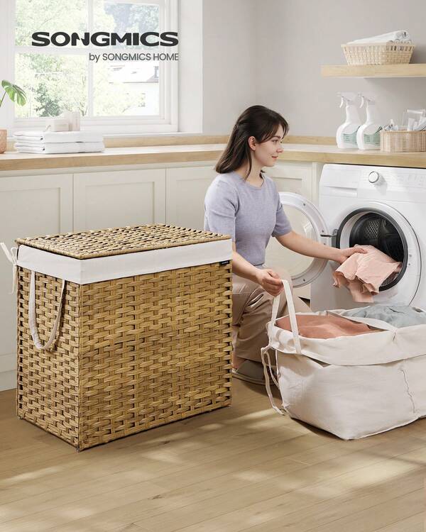 SONGMICS Wäschekorb mit Fächern, Wäschesammler, Wäschebox aus synthetischem Rattan, mit Deckel und Griffen, geflochten, faltbar, herausnehmbarer Wäschesack, naturfarben