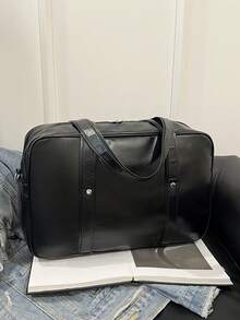 Bolso de mano minimalista de estilo oficinista, bolso de mano de mujer de moda en PU, bolso de hombro de gran capacidad de unicolor y personalizado para el trabajo - Negro - Ver 6