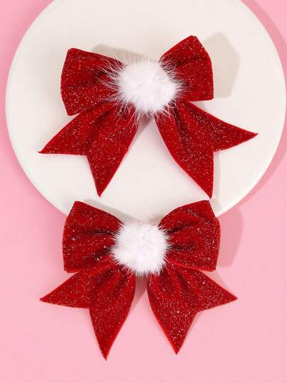 2个可爱丝绒圣诞发夹，纯红色发夹，适合日常佩戴、秋冬季节、节日、情人节等场合，甜美女孩发饰，情人节水晶发夹