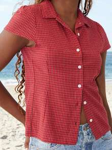 Women's Summer Casual Plaid Shirt Red Short Sleeve Turn Down Collar Buton Up Tops - Red - View 6