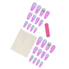 Long Press On Nails Coffin Fake Nails Purple False Nails With 3D Gold Butterfly Rhinestones Designs Glossy Nail Press Ons Acrylic Artificial Nails Summer Stick On Nails For Women 24Pcs - 長款-C5C5 - 查看 4