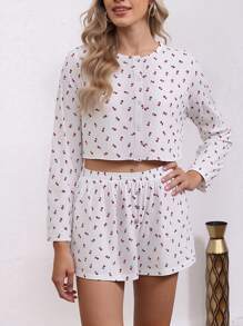 2pcs Set Women Casual Ditsy Floral Long Sleeve Shorts Pajamas, Suitable For Home Wear In Autumn,Two Pieces Set