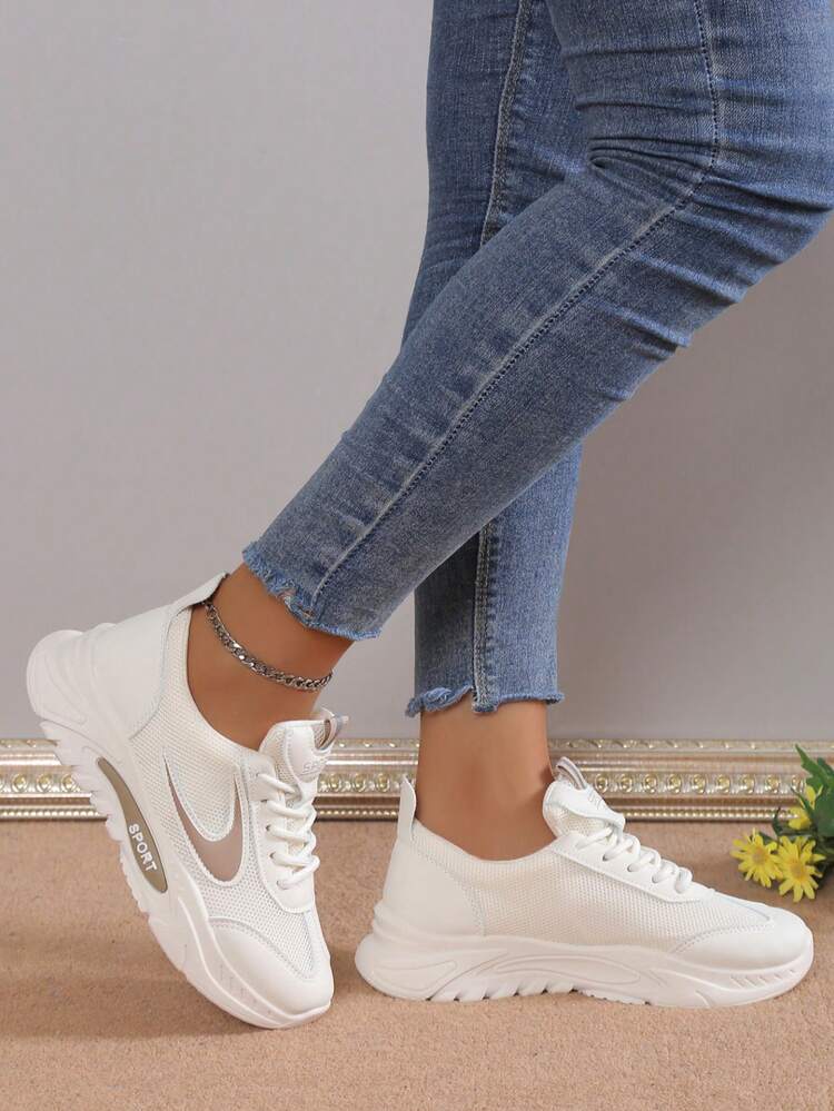 1 Paio di Sneaker casual con suola spessa e lacci, con soletta ammortizzata, scarpe da running con fondo morbido, sneaker chunky - Beige - Visualizzare 3