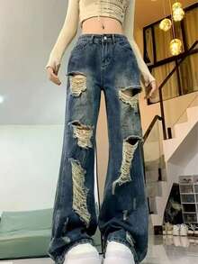 Distressed Maxi Denim Jeans For Women, Oversized Loose Fit Casual Streetwear Design