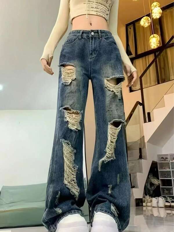 Distressed Maxi Denim Jeans For Women, Oversized Loose Fit Casual Streetwear Design