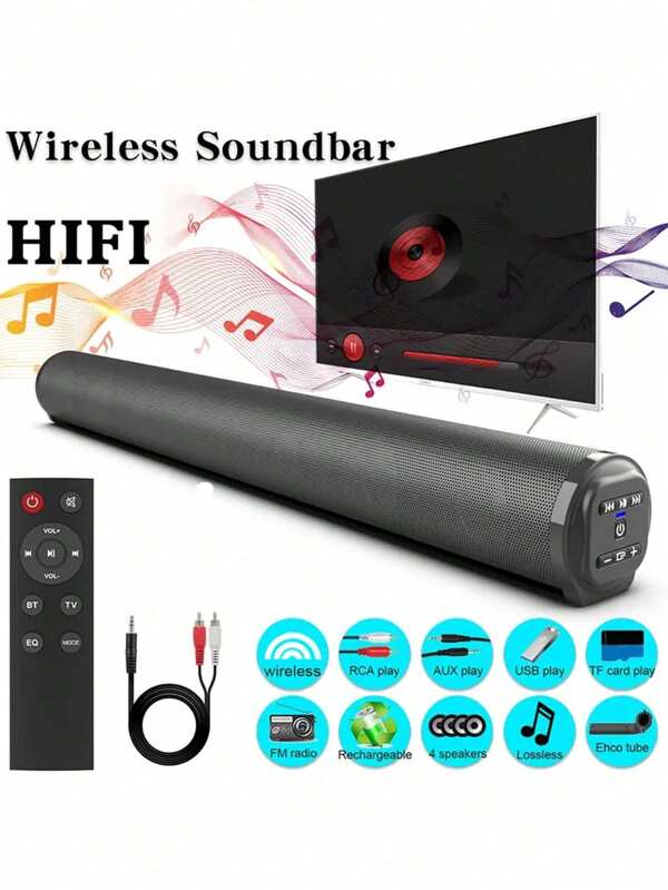 Soundcars For TV, 20W Home Theater Sound Bar With Remote Control, Support TF Card, USB, AUX And RCA Audio Input, Surround Sound System Speaker With 4pcs Subwoofer For PC/Gaming/Projectors