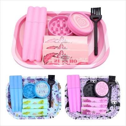 Ensemble d'accessoires à motifs assortis, comprenant un plateau métallique roulant, un broyeur en plastique à double couche, trois papiers à double couche de 78 mm, une brosse de nettoyage, des accessoires pratiques, des outils ménagers, convenant pour les fêtes, les rassemblements, les cadeaux d'anniversaire, les cadeaux de vacances