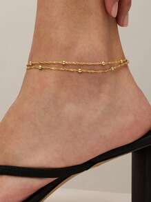 Nooxian 1pc Double Layer Anklet Jewelry For Women, Stainless Steel Beaded Wavy Chain, Waterproof Beach Vacation Everyday Accessory (Bead Quantity Random)