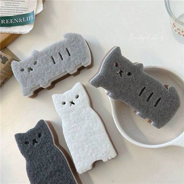 4pcs Cute Cat Sponge Kitchen Set - Durable And Thick Dishwashing And Cleaning Tools, Pots, Utensils, And Scratch-Resistant Dishwashing Foam, A Multi-Functional Heavy-Duty Kitchen Sponge In A Cat Shape - 4-Color Combination, Three-Layer Design, Versatile Use