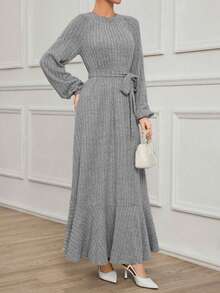 Đầm dệt kim dài tay phồng, cổ tròn, thắt eo, viền bèo nhún dành cho nữ cỡ lớn, thanh lịch cho mặc hàng ngày, mùa xuân/thu, thích hợp cho lễ Eid, các buổi họp mặt năm mới và đi làm/đi chơi thường ngày. - Xám - Xem 4