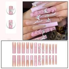 Pink French Tip Press On Nails Long Coffin Fake Nails Acrylic False Nails With 3D Silver Butterfly Designs Glitter Nail Press Ons Glossy Artificial Nails Summer Stick On Nails For Women 24Pcs - 長款-C5C8 - 查看 4