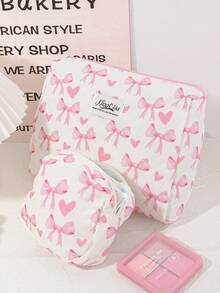 1 Bolsa de Cosméticos Grande com Estampa de Coração Rosa e Laço Acolchoada, Bolsa de Toucador Portátil com Zíper, Bolsa de Armazenamento de Maquiagem Pode Guardar Batom, Pincéis, Produtos de Cuidados com a Pele, Telefones Celulares, Moedas, Pequenos Itens, Adequada para Uso Doméstico, Viagem, Cruzeiro, Férias e Escola, Presentes de Dama de Honra de Casamento, Presentes de Aniversário, Presentes de Festival, Essenciais de Outono Universitários, Bolsa de Viagem de Férias para Mulheres, Bolsa de Maquiagem, Organizador de Maquiagem