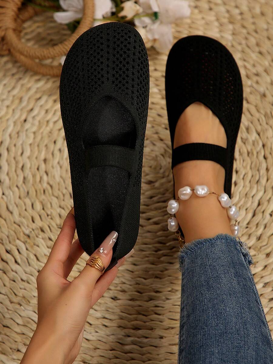 2025年秋季女士四季针织玛丽珍平底鞋，纯色一脚蹬圆头鞋，织物鞋面和衬里，橡胶鞋底，可机洗