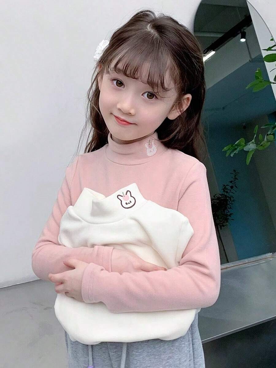 2 件套女童保暖高领长袖 T 恤，时尚秋冬分层上衣