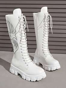 Botas bordadas para mujer 2025, botas de montar de suela gruesa y caña alta, botas altas con cordones hasta la rodilla, otoño/invierno