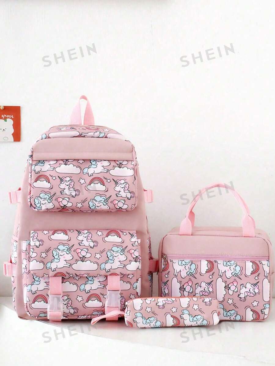 Modischer neuer Hochwertig-Farbiger Einhorn-Muster Schulrucksack Drei-Teile-Set, jugendlich und liebevoll Umhängetasche, süße tragbare thermisch isolierte Lunchbox Tasche, frisch bedruckter Stiftetui, Kapazität für Grundschüler der 1. bis 6. Klasse, Mittelschüler, Oberschüler, Studenten ultraleichte Ausflugstaschen