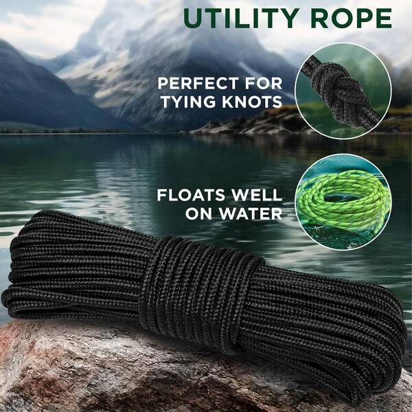 TECEUM 1000lb Rope – 1/4" & 3/8" – 90 FT |   150 FT – Strong All-Purpose Utility Rope – Camping, Crafting, Flag Pole, Indoor & Outdoor – Polypropylene Nylon Poly Lightweight Diamond Braided Cord – Black
