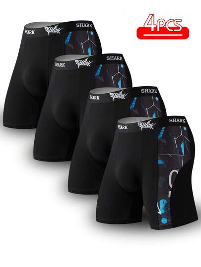 Conjunto de 4 peças de roupa íntima esportiva e para casa, boxer de malha floral respirável e moderna, com emendas de algodão preto