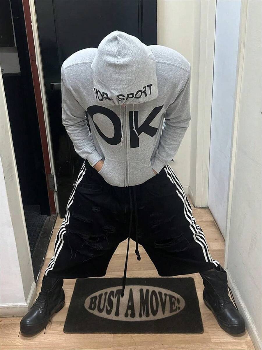 Street Retro Minimalist Style Loose Zipper Jacket For Men, Hooded Shirt With Letter Print And Flower Pattern, Sweatshirt