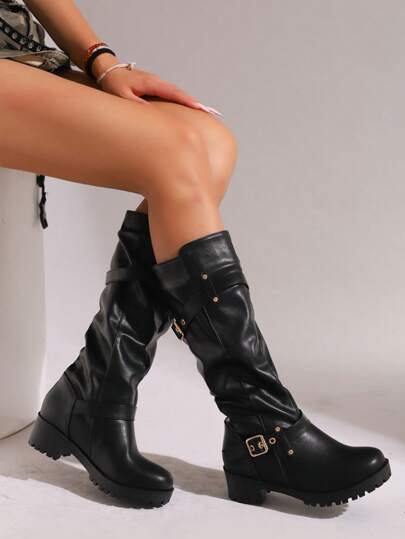 Fall/Winter 2025 New Chunky Heel Vintage Pleated Round Toe Mid-Calf Boots, Brown, Retro British Style Short Boots For Women